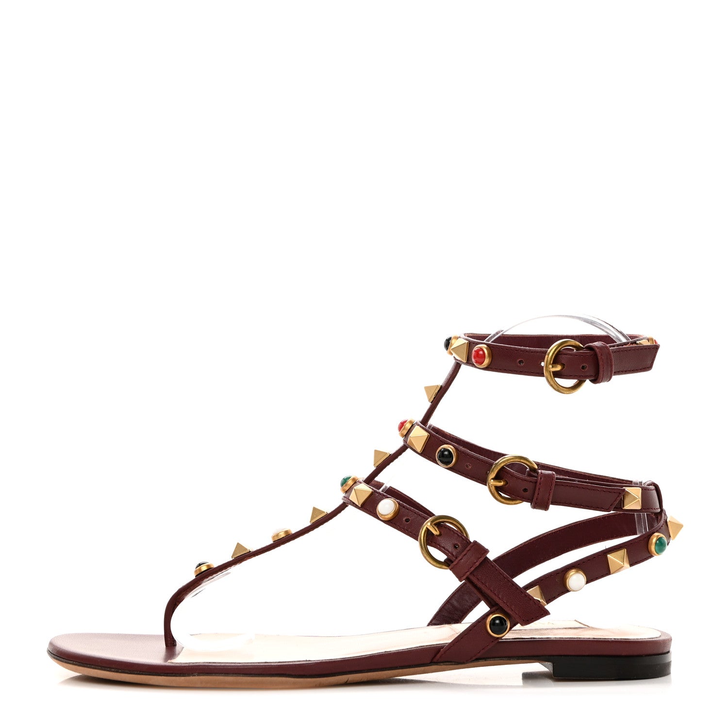 Valentino Garavani Calfskin Rockstud Rolling Cabochon Ankle Wrap Flat Thong Sandals 35.5 Cacao 1 of 7