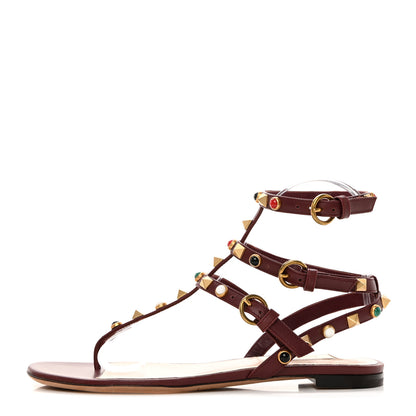 Valentino Garavani Calfskin Rockstud Rolling Cabochon Ankle Wrap Flat Thong Sandals 35.5 Cacao 1 of 7