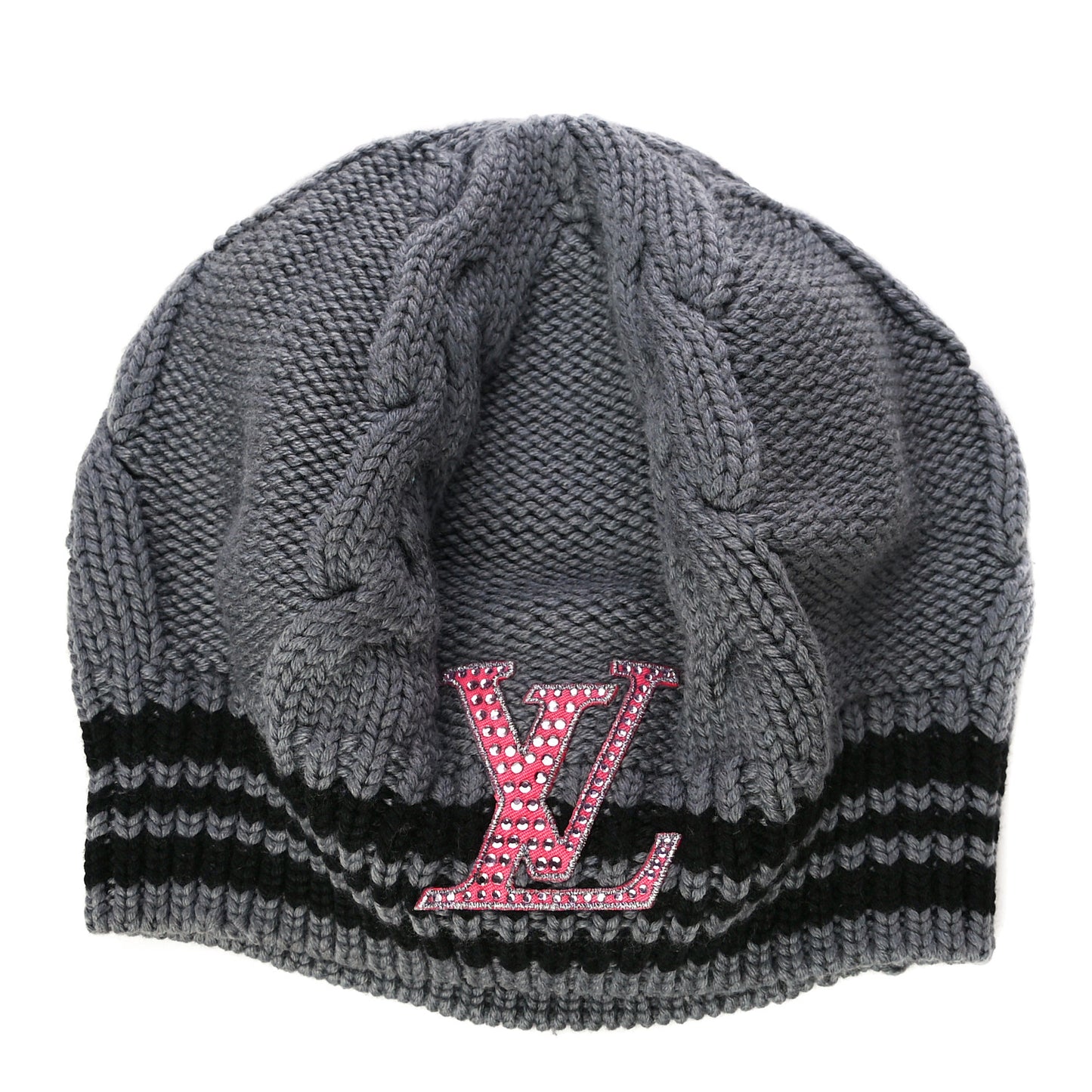Wool Cable Knit Crystal LV Columbia Beret Grey