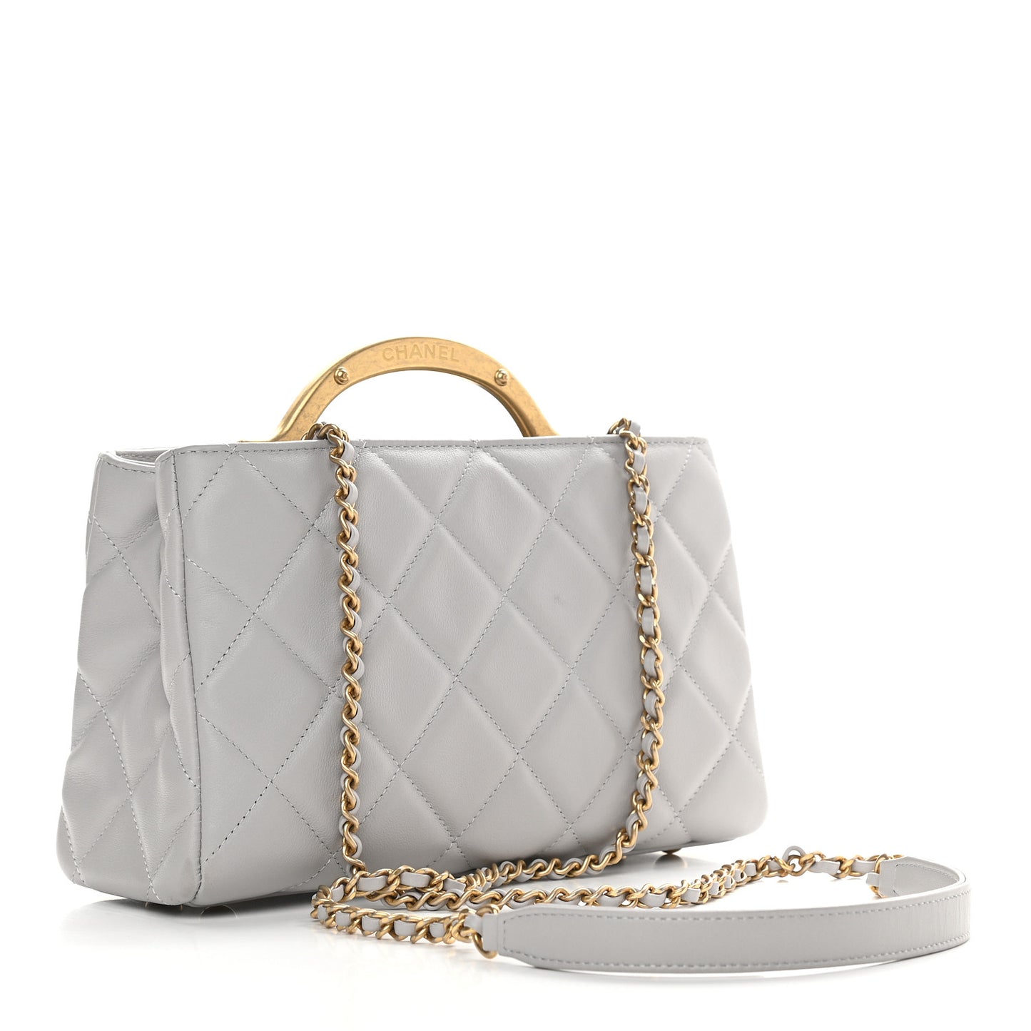 Calfskin Quilted Lady Handle Clutch Tote Grey