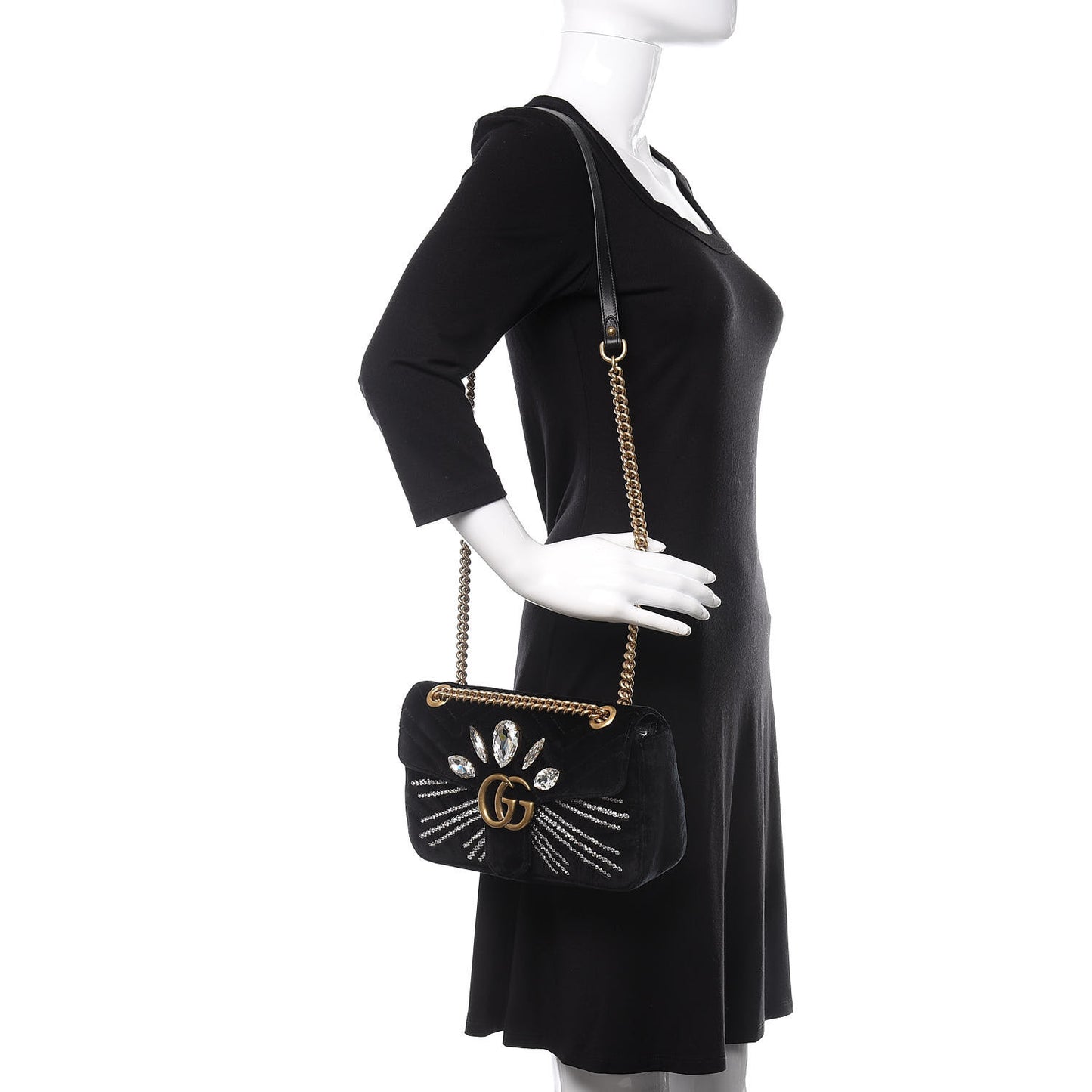 Velvet Matelasse Marquise Crystals Embroidered Small GG Marmont Shoulder Bag Black