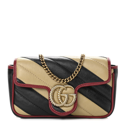 Gucci Vintage Effect Calfskin Matelasse Diagonal Striped Super Mini Torchon GG Marmont Shoulder Bag Black Beige 1 of 10