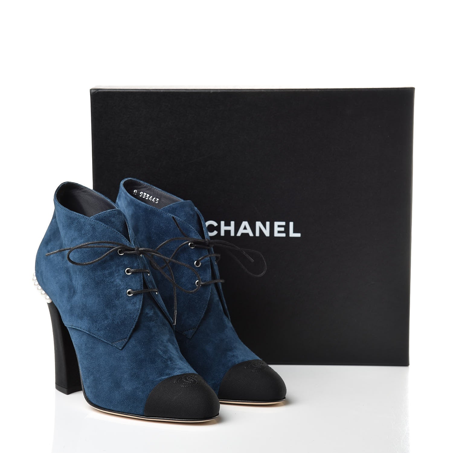 Chanel Suede Grosgrain Pearl Lace Up Booties 41 Dark Blue Black 10 of 10