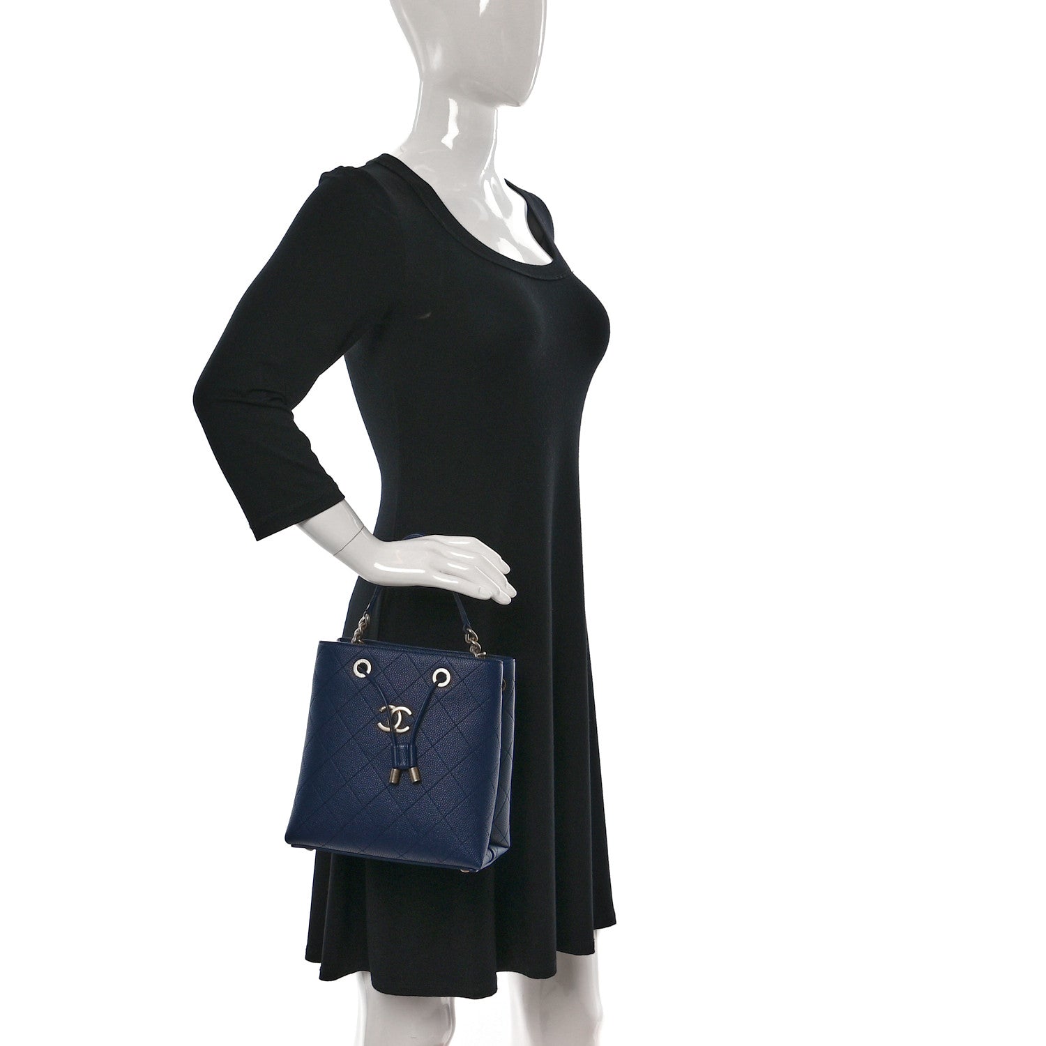 Chanel Grained Calfskin Stitched Small Drawstring Bag Navy 2 of 11