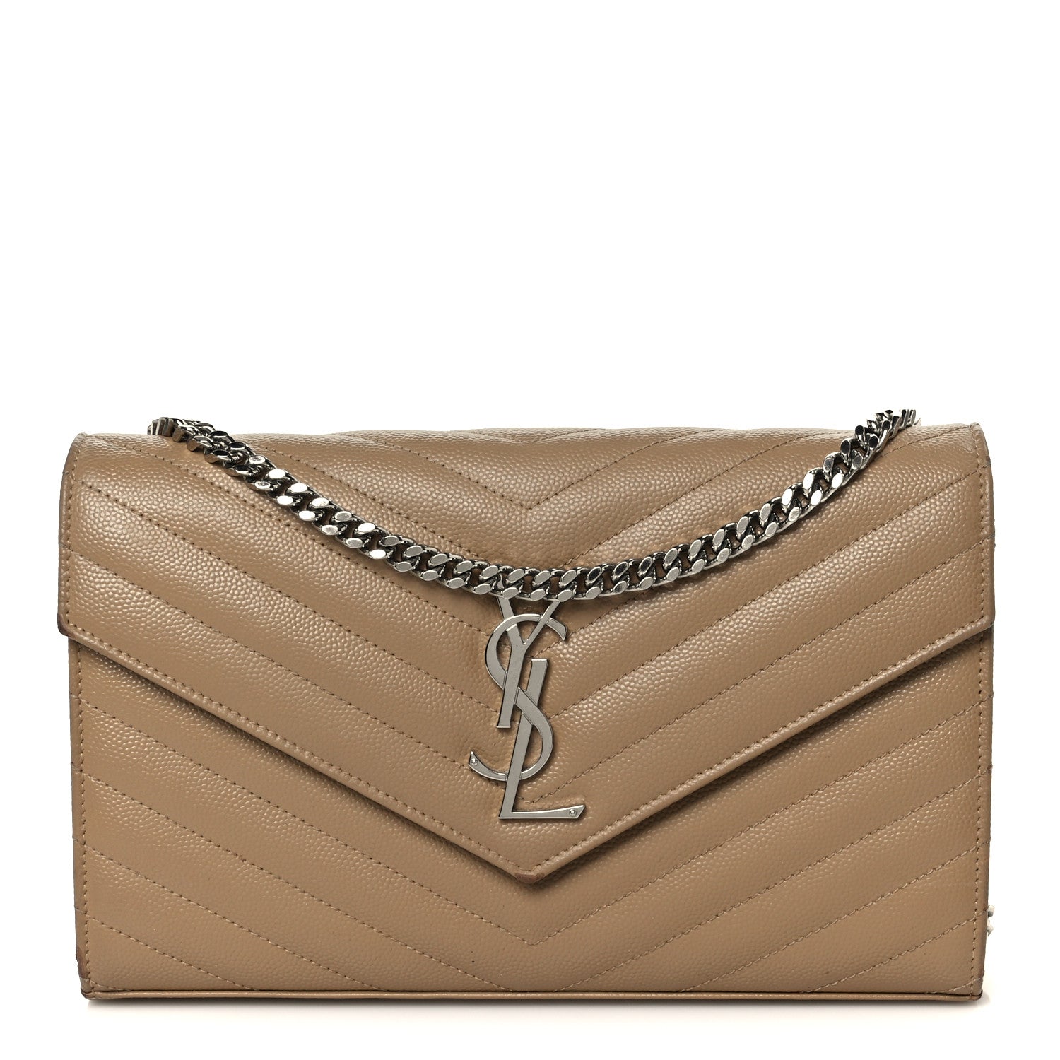 Saint Laurent Grain De Poudre Matelasse Chevron Monogram Chain Wallet Taupe 1 of 11