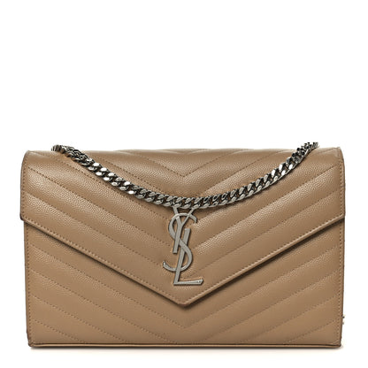 Saint Laurent Grain De Poudre Matelasse Chevron Monogram Chain Wallet Taupe 1 of 11