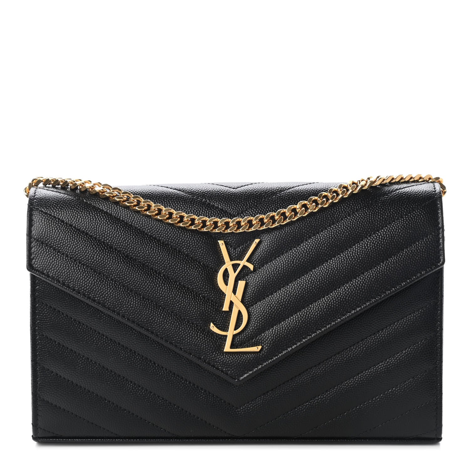 Saint Laurent Grain De Poudre Matelasse Chevron Monogram Chain Wallet Black 1 of 8