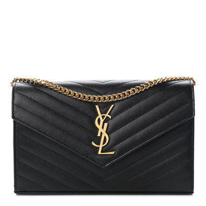 Saint Laurent Grain De Poudre Matelasse Chevron Monogram Chain Wallet Black 1 of 8