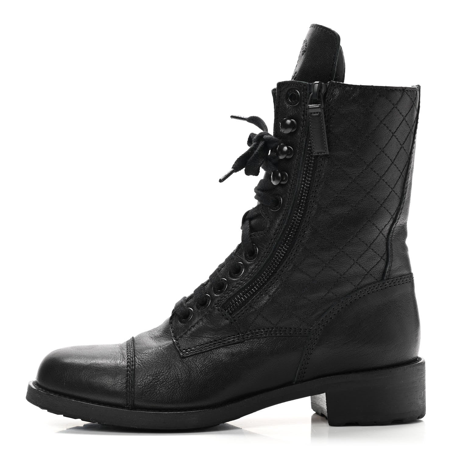 Chanel Sheepskin Quilted CC Tall Lace Up Combat Boots 39.5 Black 1 of 10