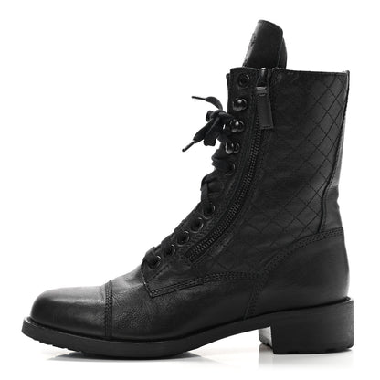 Chanel Sheepskin Quilted CC Tall Lace Up Combat Boots 39.5 Black 1 of 10