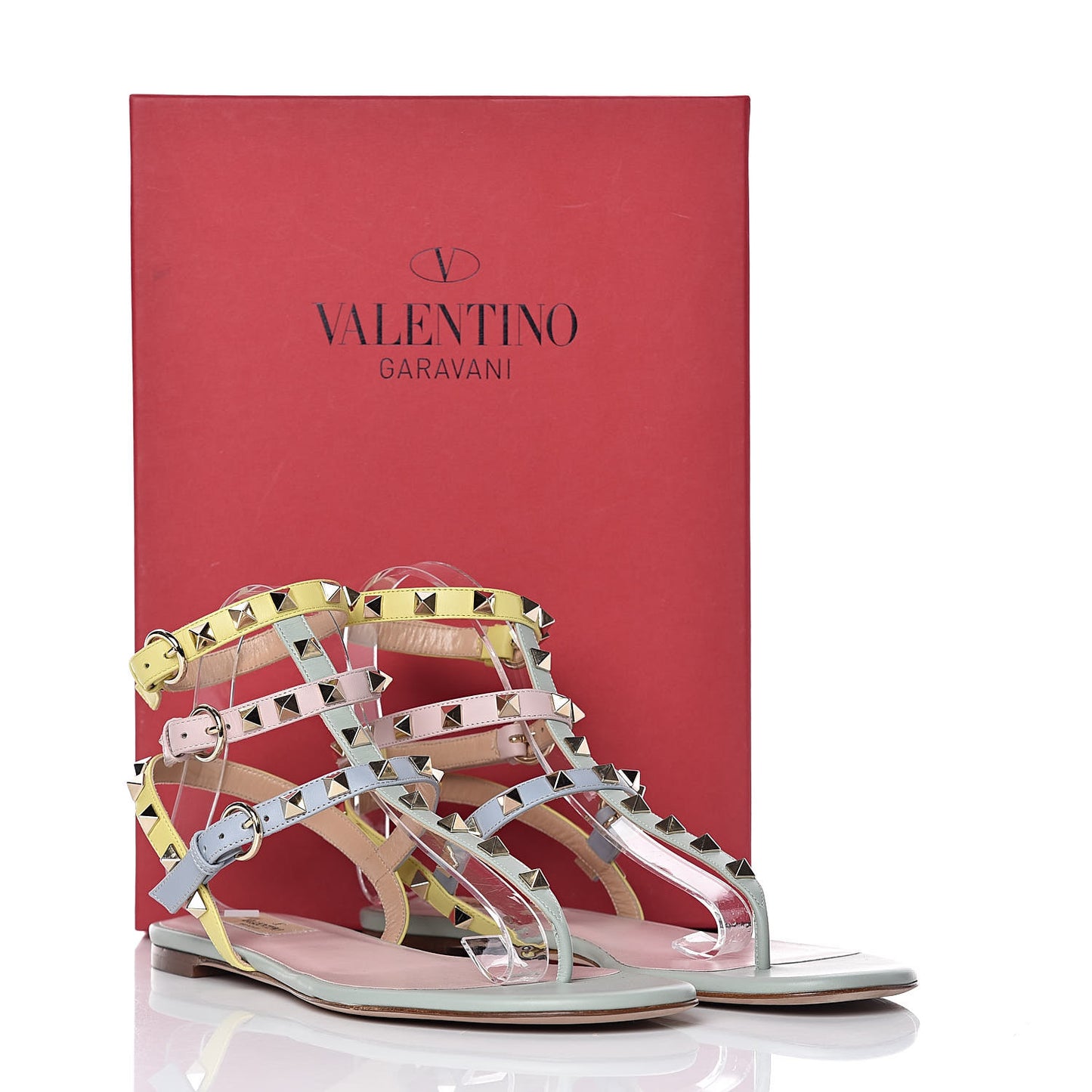 Calfskin Colorblock Rockstud Ankle Wrap Flat Thong Sandals 39.5 Multicolor