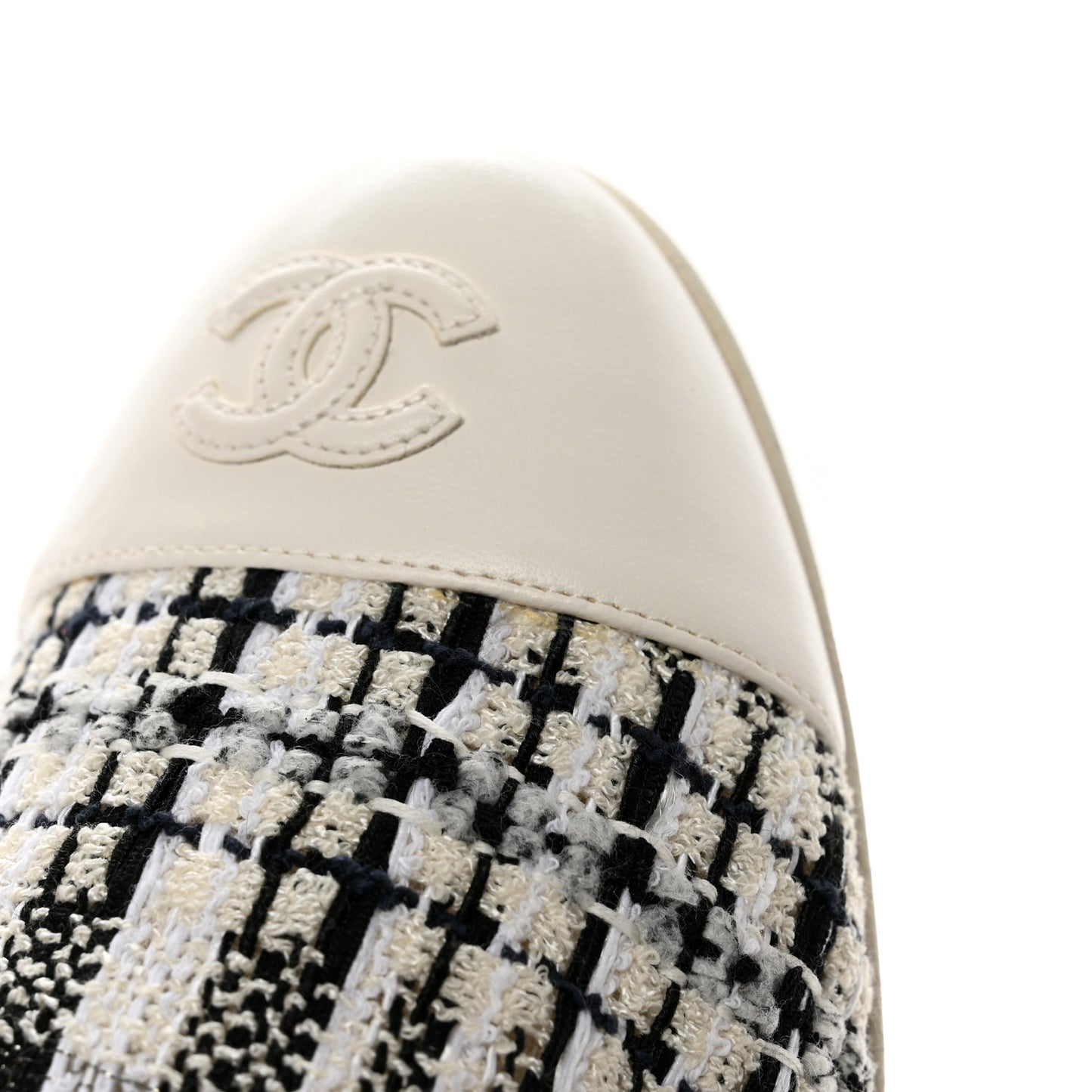 Tweed Lambskin CC Flat Mules 37 White Black