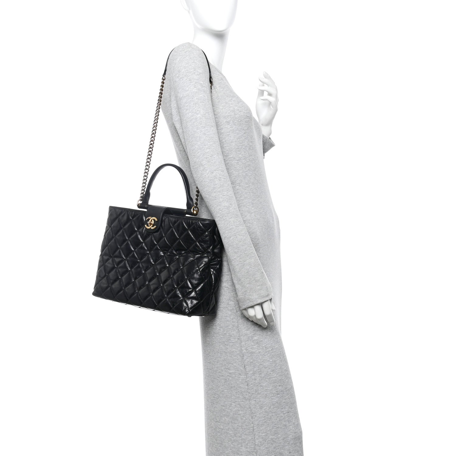 Chanel Glazed Calfskin Quilted Gold Bar Tote Black 2 of 13