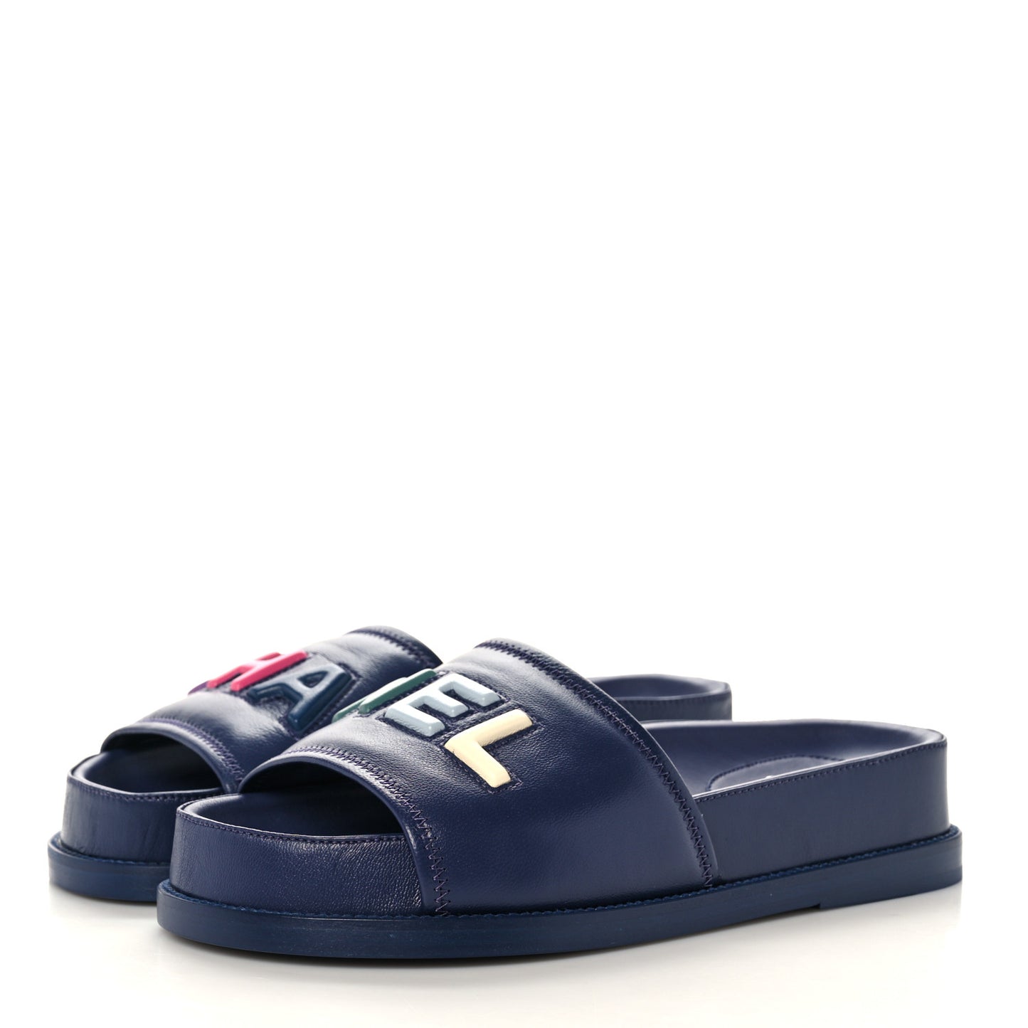 Lambskin Cha-Nel Mule Sandals 38 Navy Multicolor