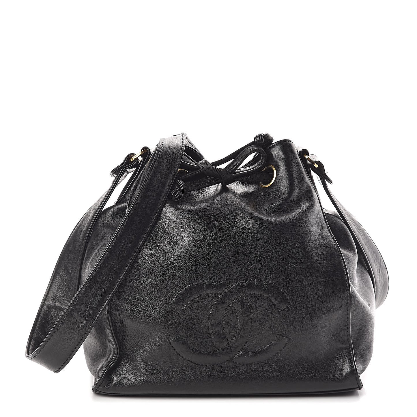 Lambskin CC Drawstring Shoulder Bag Black