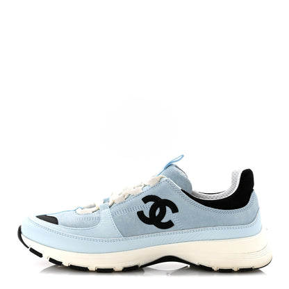 Chanel Suede Calfskin Grosgrain Womens CC Sneakers 40 Light Blue Black 1 of 11