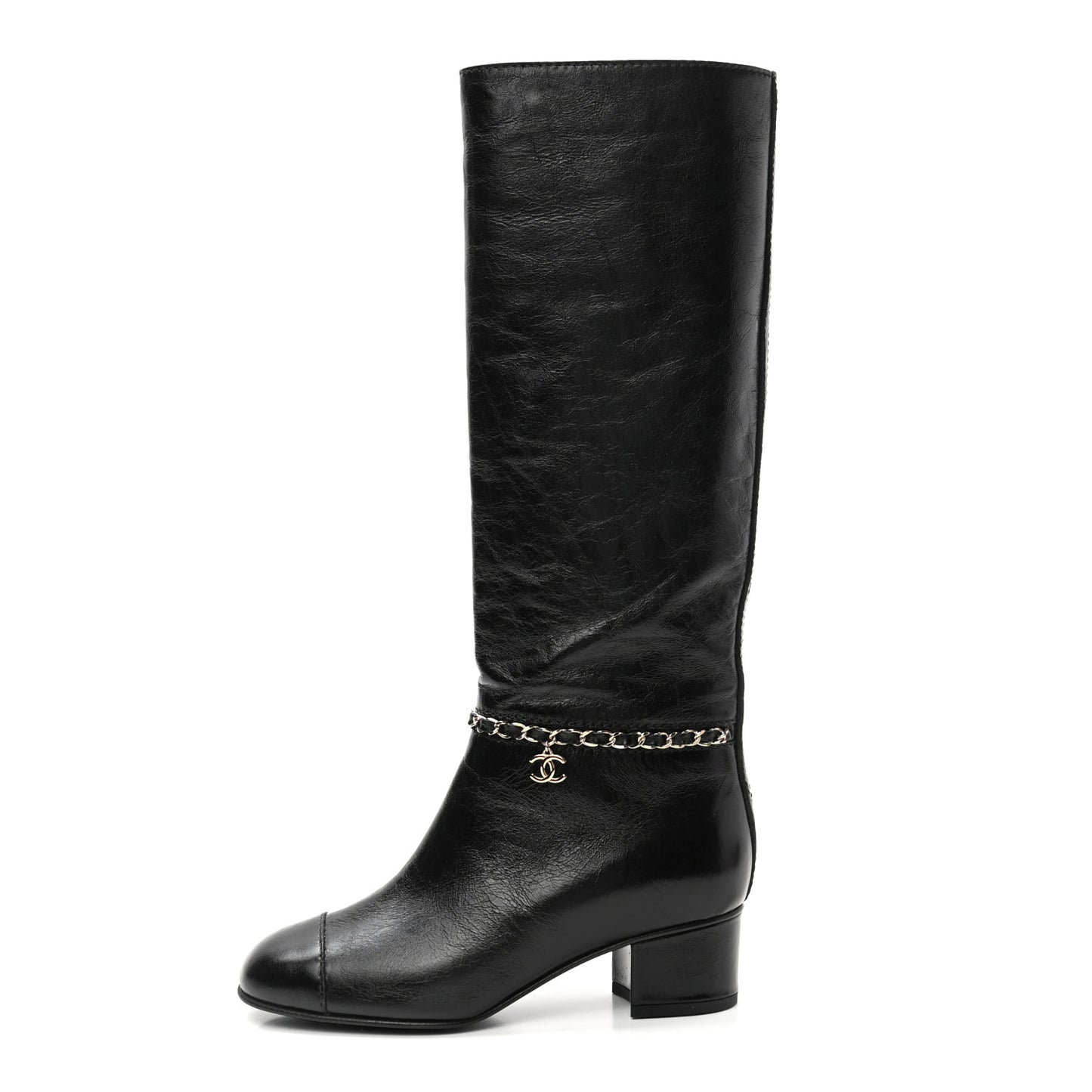 Crumpled Calfskin Cap Toe Chain Tall Boots 35.5 Black