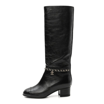 Chanel Crumpled Calfskin Cap Toe Chain Tall Boots 35.5 Black 1 of 7