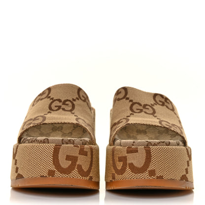 Gucci Monogram Jumbo GG Platform Slide Wedge Sandals 39 Camel Ebony 2 of 9