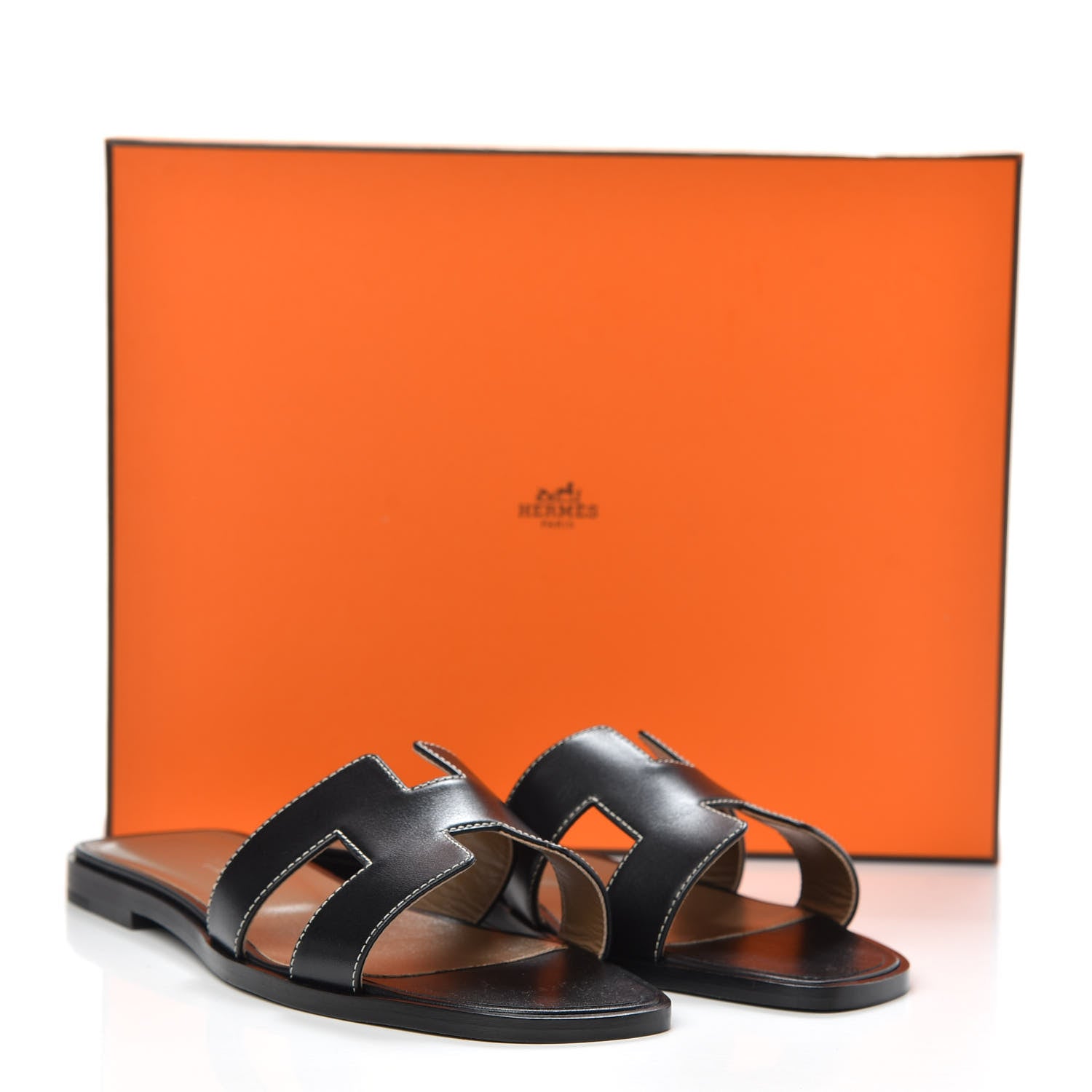 Hermes Box Calfskin Oran Sandals 37.5 Black 9 of 9