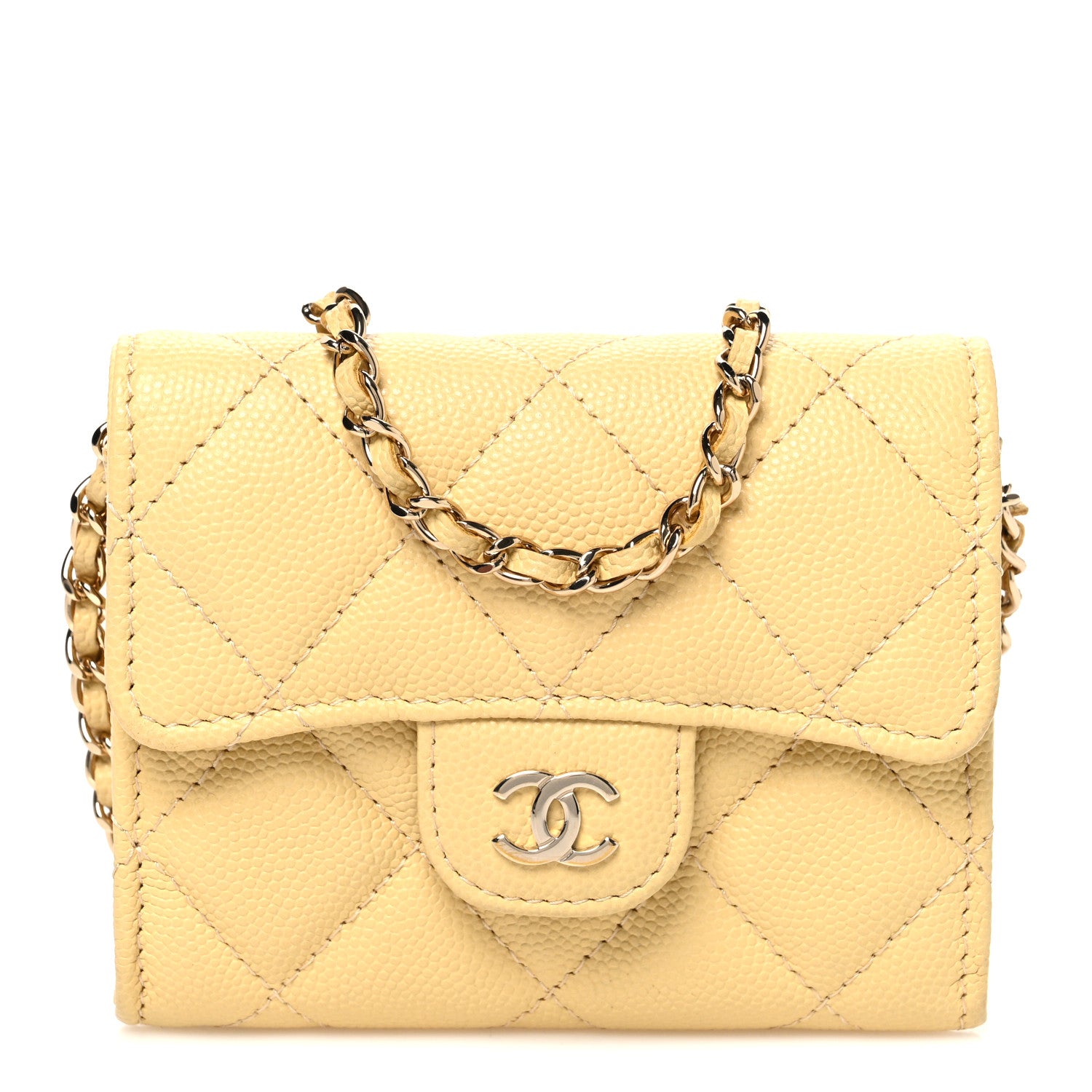 Chanel Caviar Quilted Flap Card Holder On Chain Yellow 1 of 11
