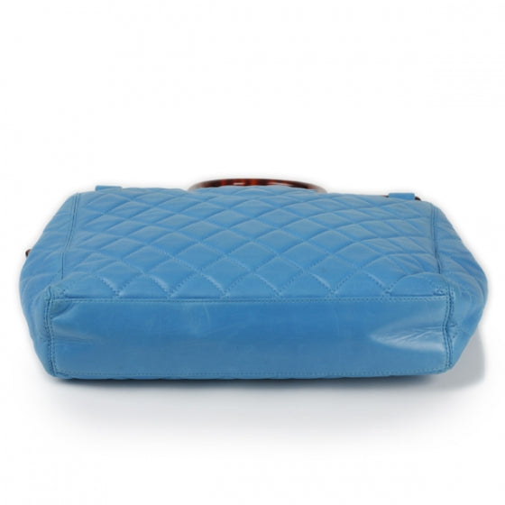Quilted Lambskin Tortoise Handle Tote Turquoise