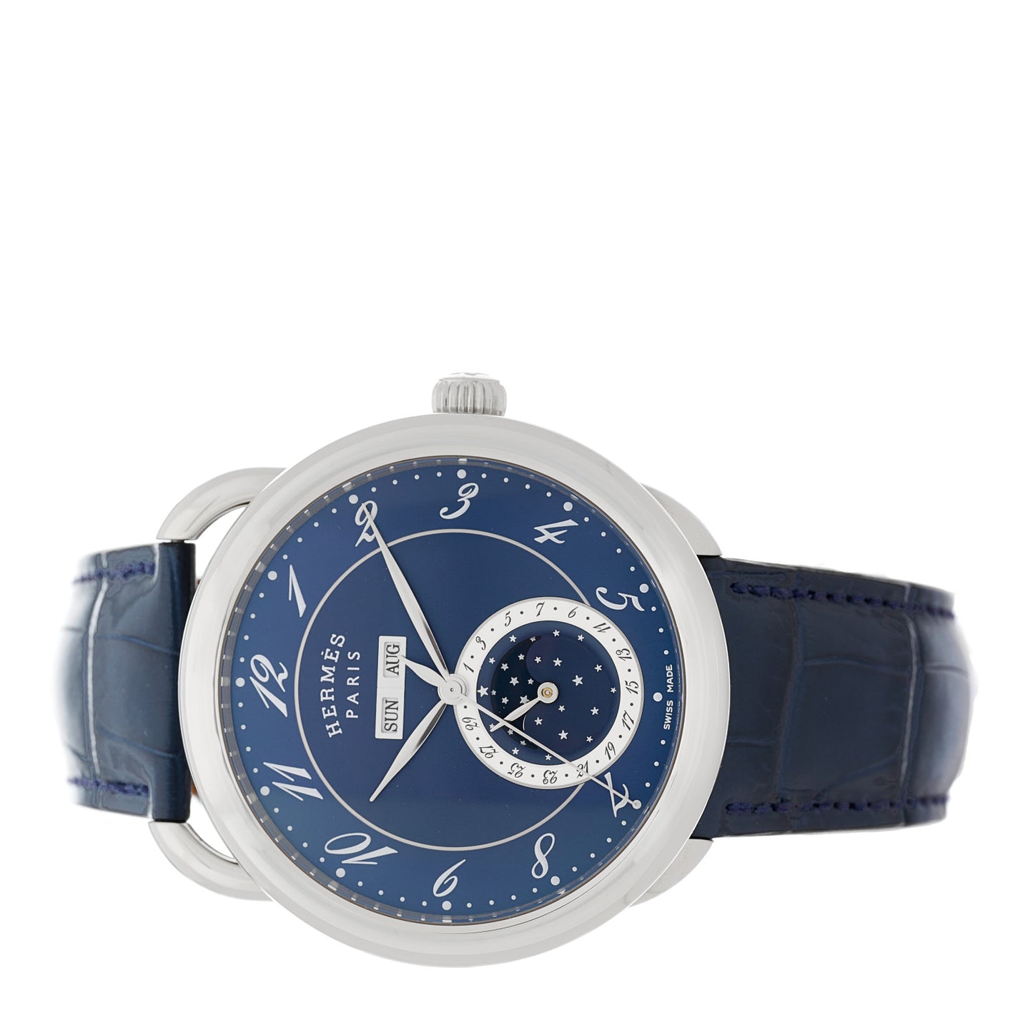 Stainless Steel Alligator 43mm Arceau Grande Lune Automatic Watch Bleu Abysse