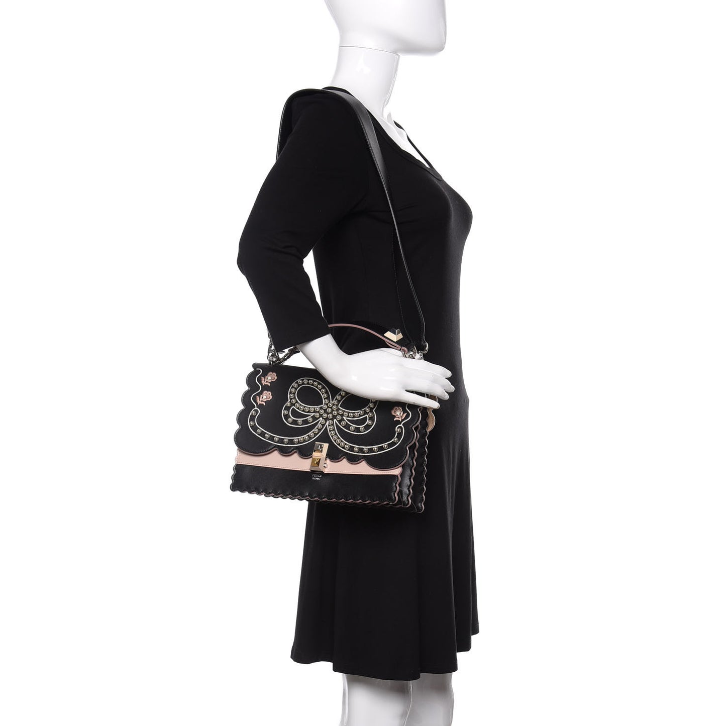 Vitello Liberty Pearl Bi-Color Flowers and Bow Scalloped Studded Kan I Shoulder Bag Black Soap
