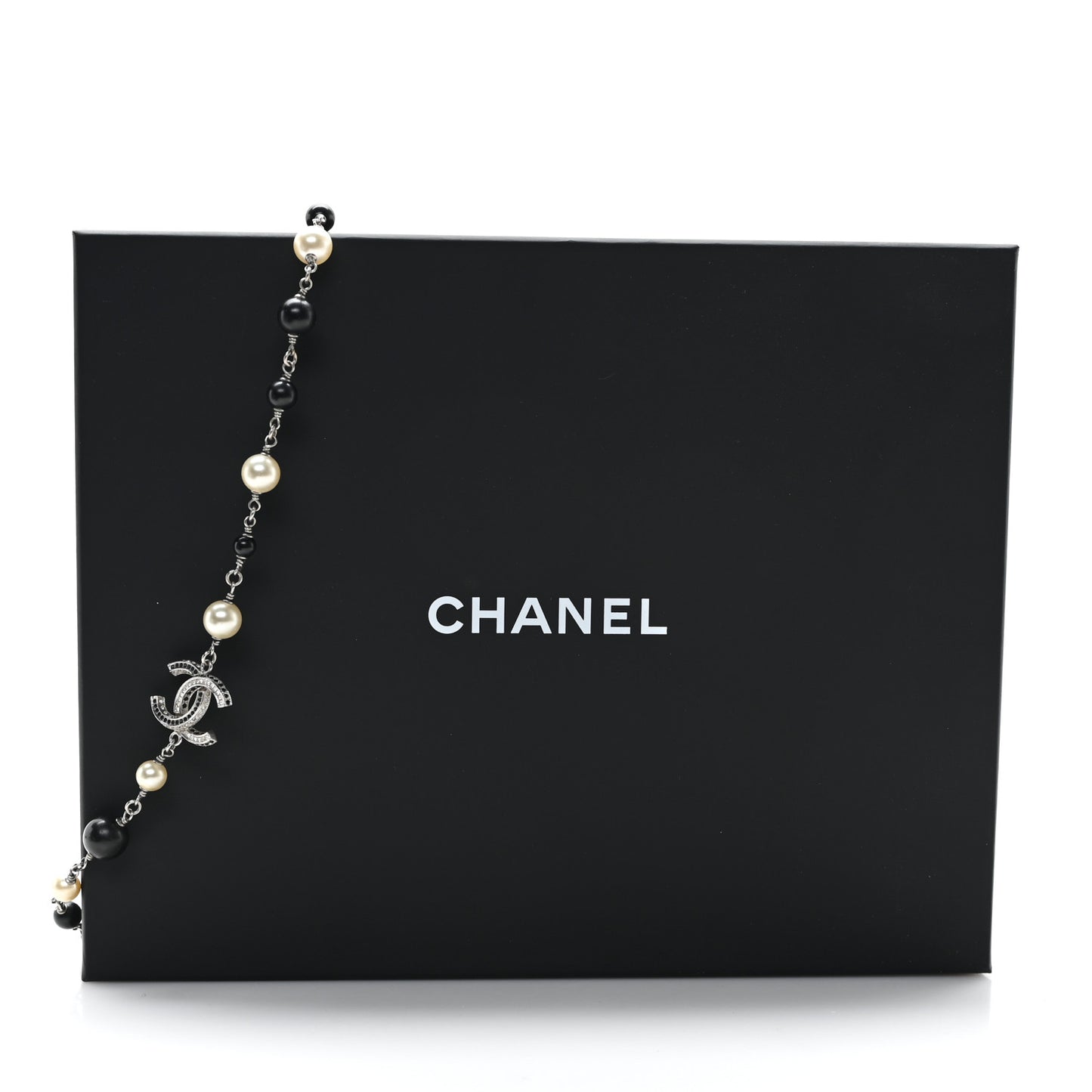 Metal Pearl Crystal Bead CC Long Necklace Silver Black