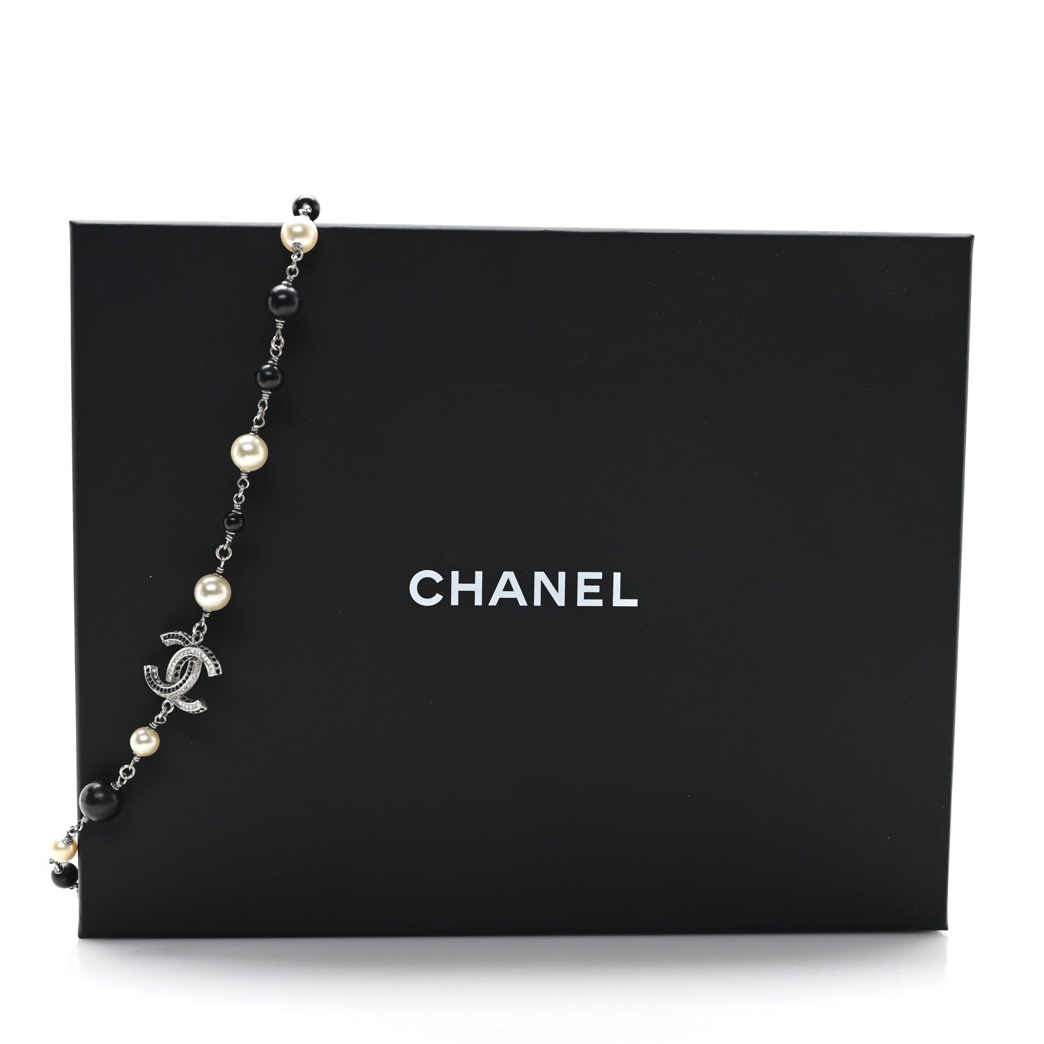 Chanel Metal Pearl Crystal Bead CC Long Necklace Silver Black 5 of 5