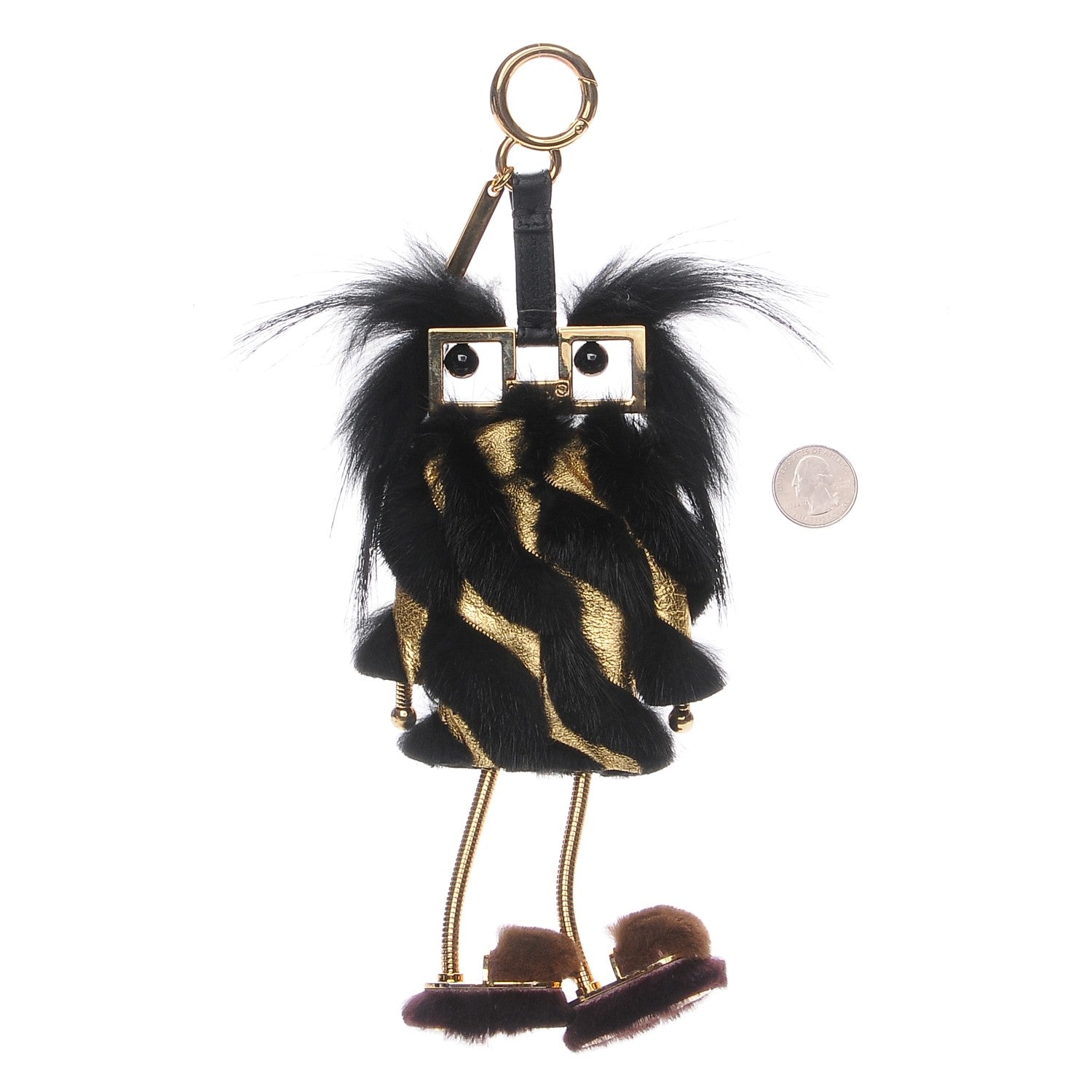 Fendi Metallic Calfskin Mink Fox Fur Hypnoteyes Witches USB Power Bank Bag Charm Black Gold 2 of 7