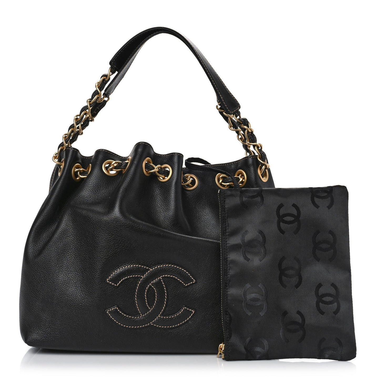 Grained Calfskin CC Drawstring Bucket Bag Black