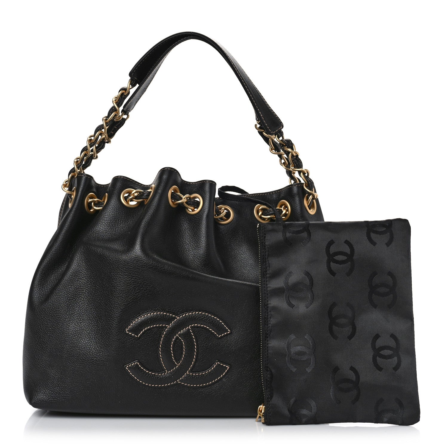 Chanel Grained Calfskin CC Drawstring Bucket Bag Black 1 of 8