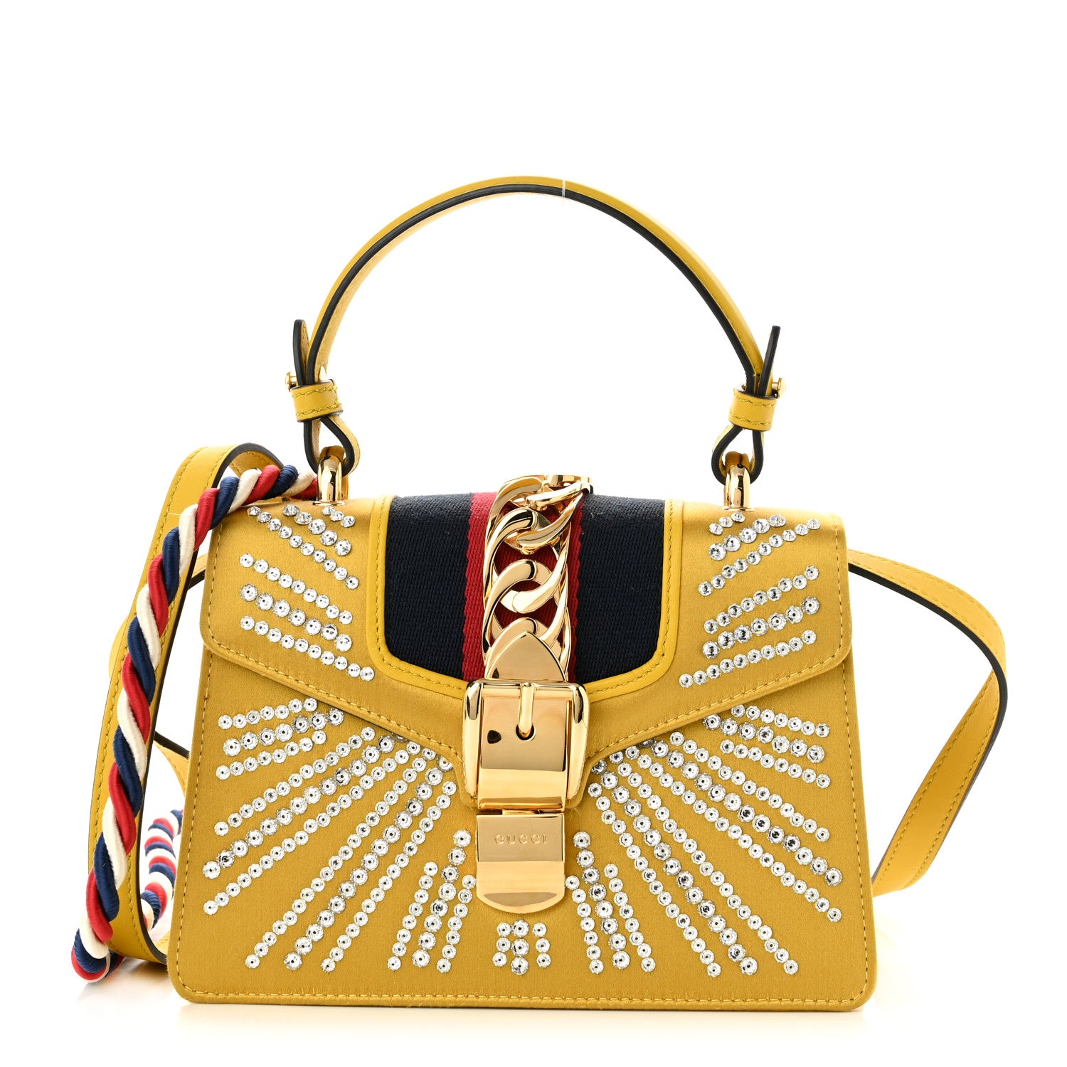 Gucci Satin Crystal Mini Sylvie Top Handle Bag Yellow 1 of 10