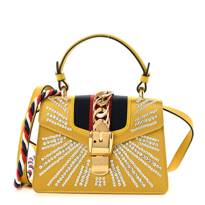 Gucci Satin Crystal Mini Sylvie Top Handle Bag Yellow 1 of 10