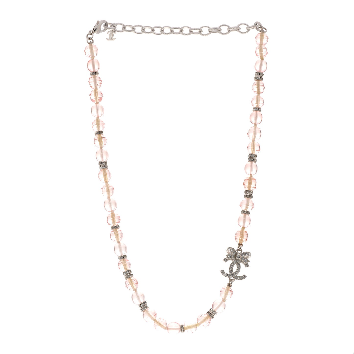 Resin Bead Crystal CC Bow Drop Choker Necklace Pink Silver