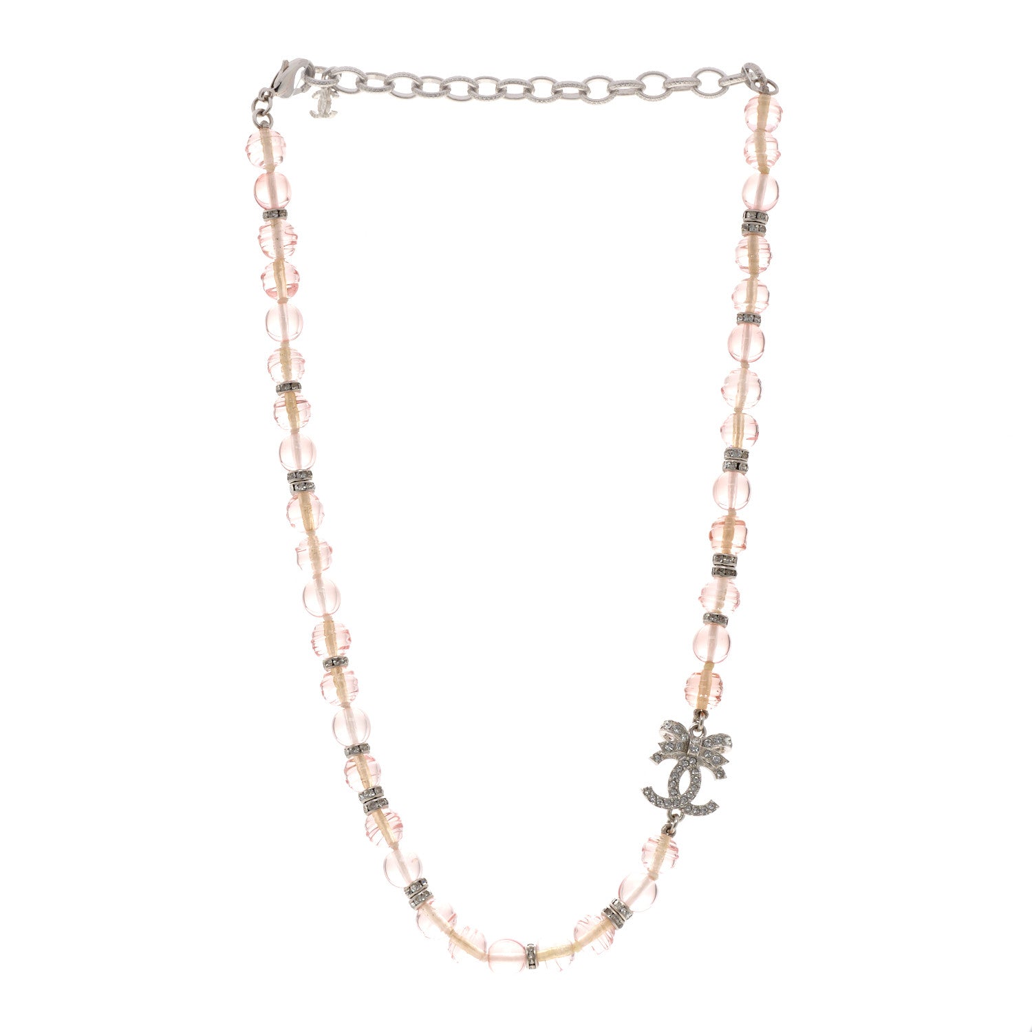 Chanel Resin Bead Crystal CC Bow Drop Choker Necklace Pink Silver 3 of 6