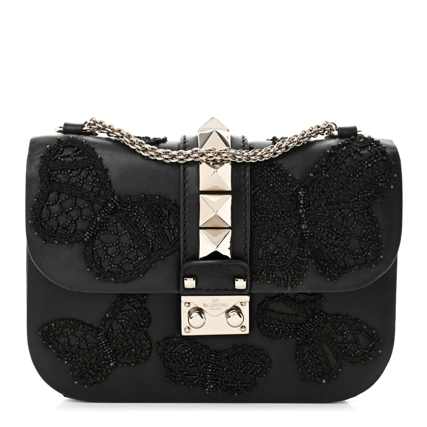 Vitello Beaded Butterfly Small Glam Lock Rockstud Flap Black