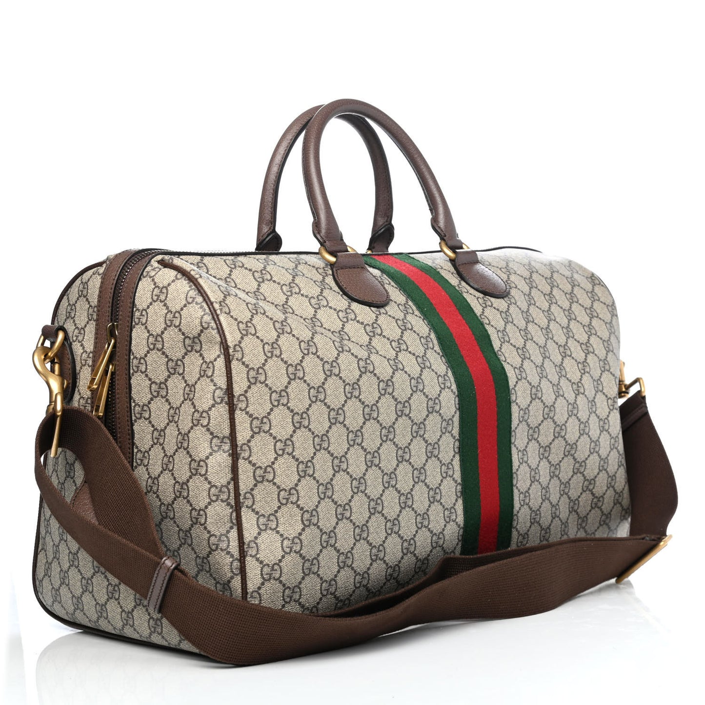 GG Supreme Monogram Textured Dollar Calfskin Web Medium Ophidia Carry-On Duffle Bag Beige Ebony New Acero