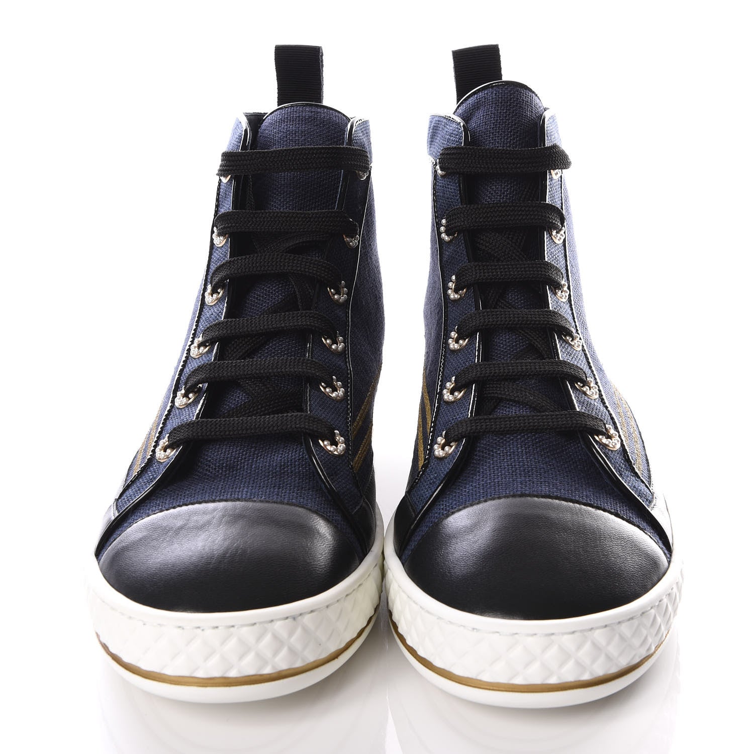 Chanel Fabric Lambskin Lace Up Cap Toe Sneakers 40 Navy Black 3 of 9