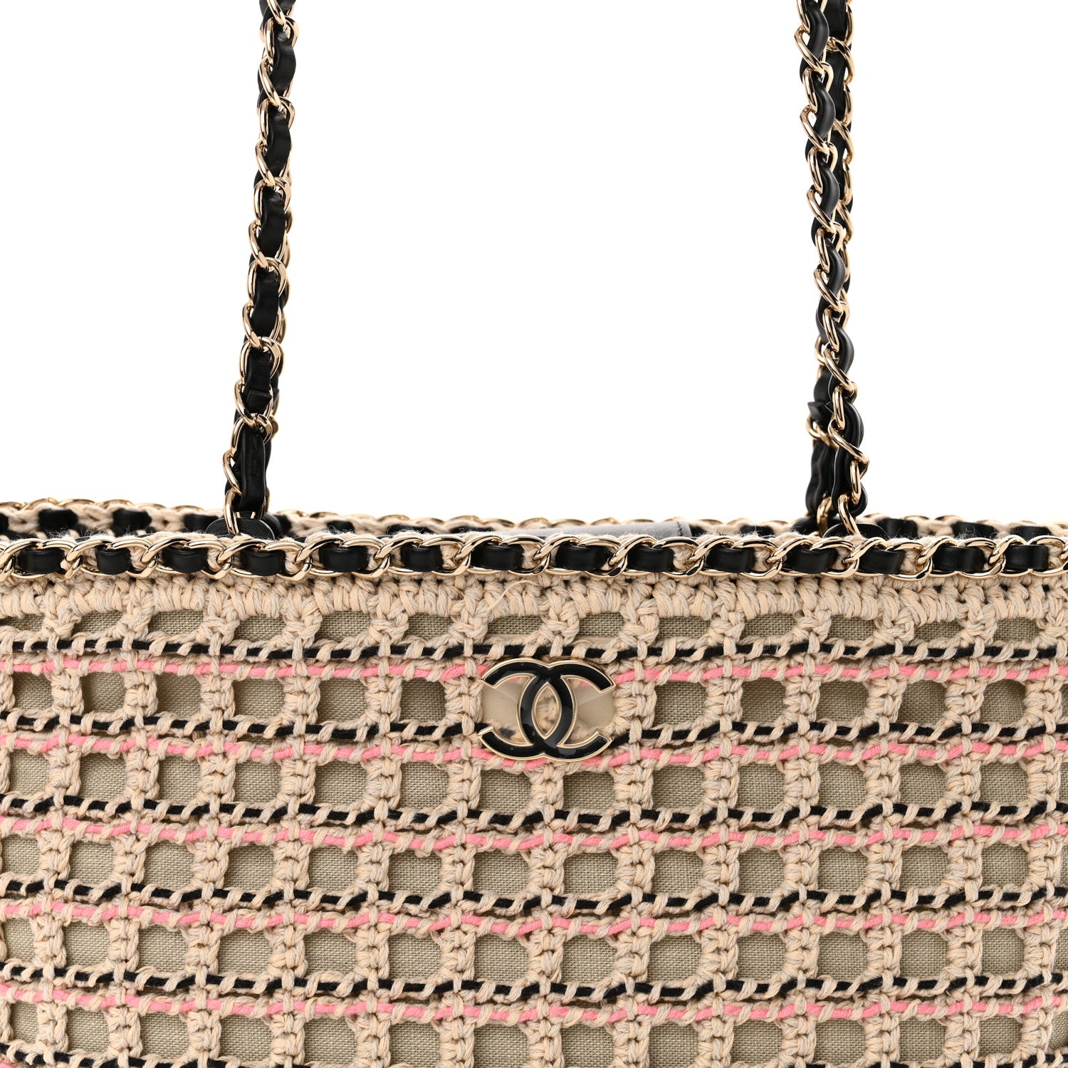 Chanel Cotton Crochet Le Panier Small Shopping Bag Beige Pink Black 8 of 10