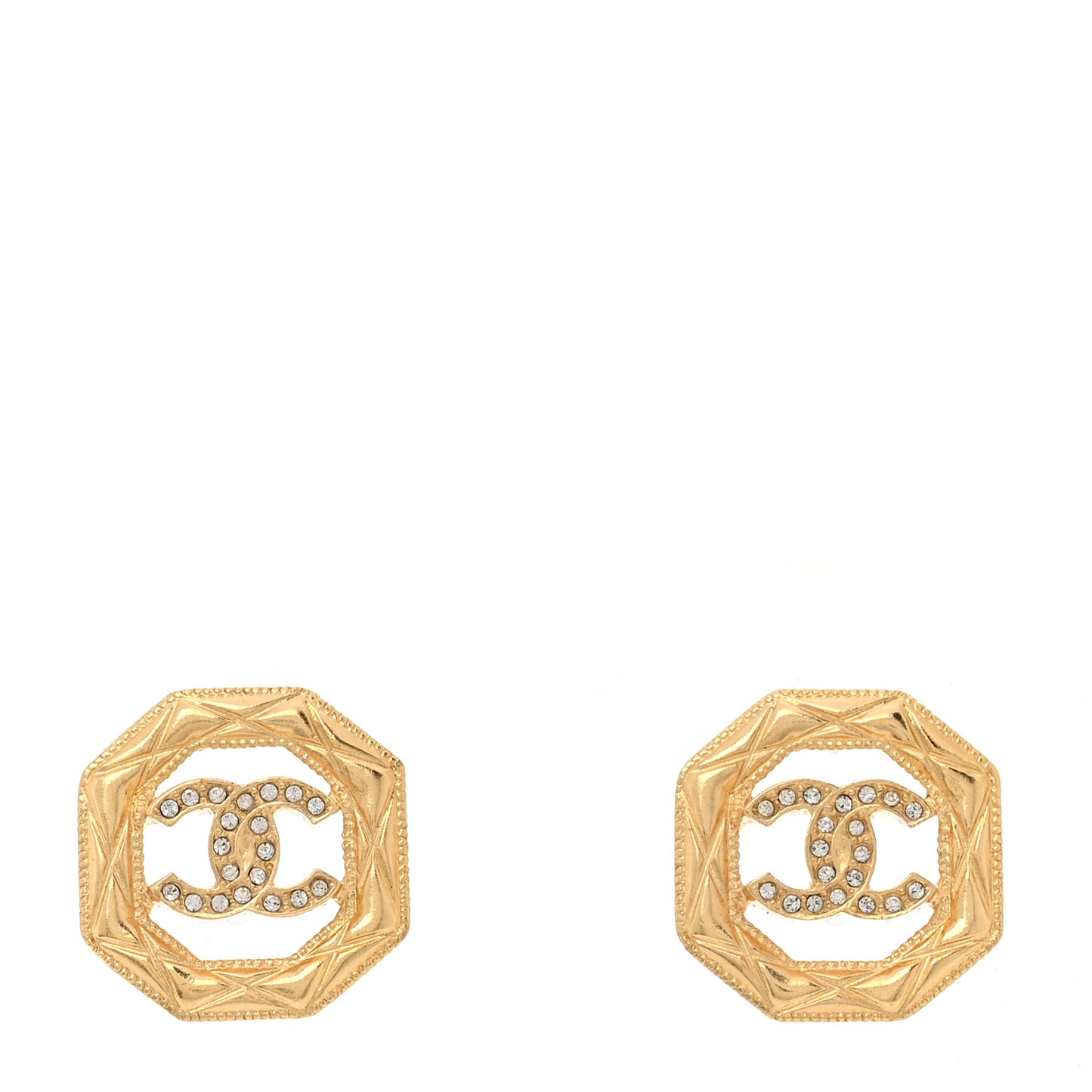Metal Crystal Quilted CC Octagonal Stud Earrings Gold