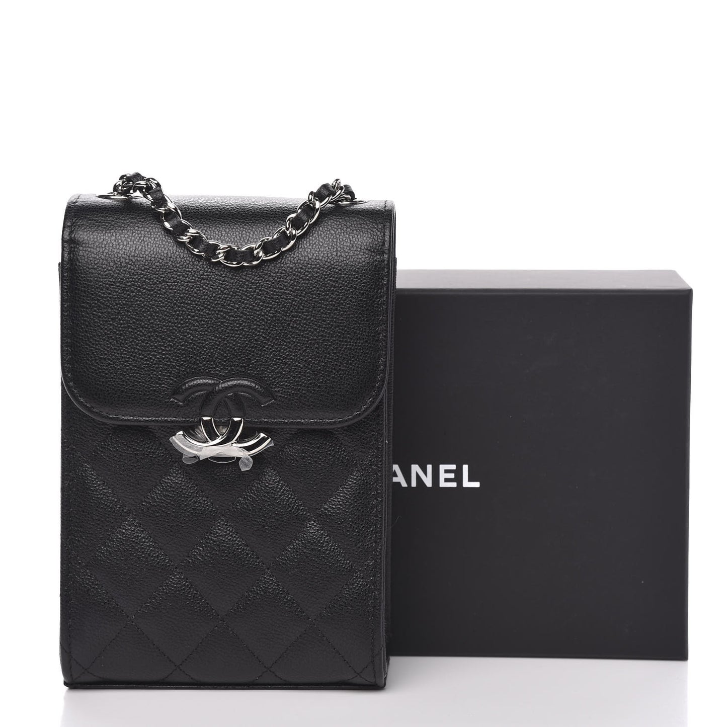Grained Calfskin Quilted CC Box Clutch With Chain Black