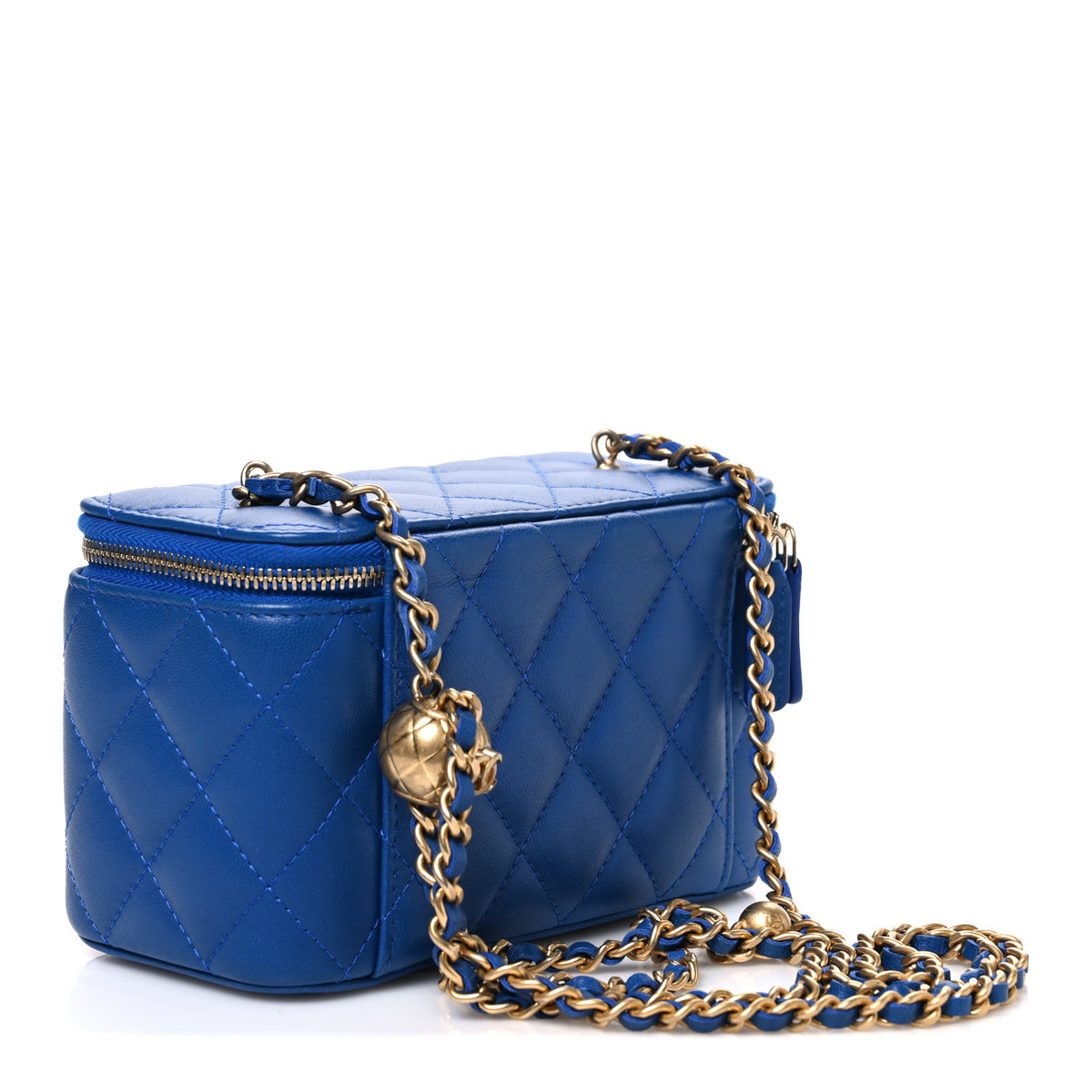 Lambskin Quilted Pearl Crush Small Vanity Case With Chain Blue