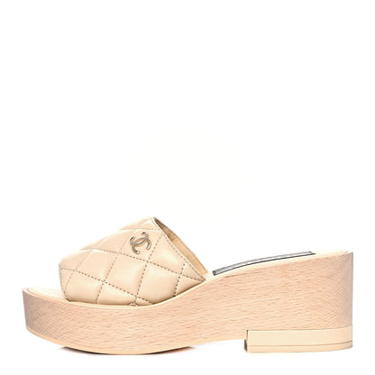 Chanel Lambskin Quilted CC Slip On Platform Sandals 36 Beige 1 of 9