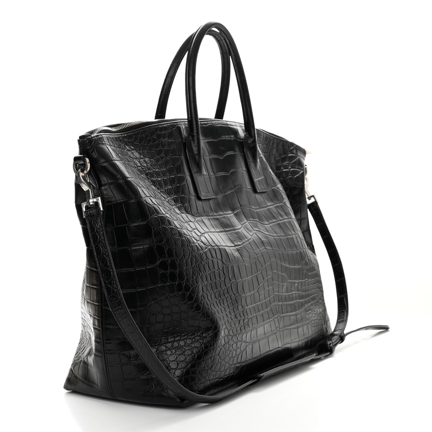 Saint Laurent Calfskin Crocodile Embossed Giant Bowling Bag Black 3 of 13
