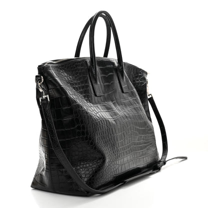 Saint Laurent Calfskin Crocodile Embossed Giant Bowling Bag Black 3 of 13