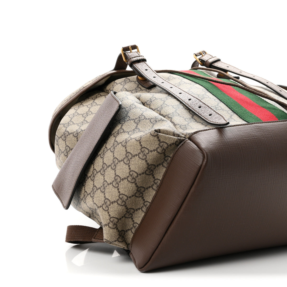 GG Supreme Monogram Medium Ophidia Double Buckle Backpack Brown