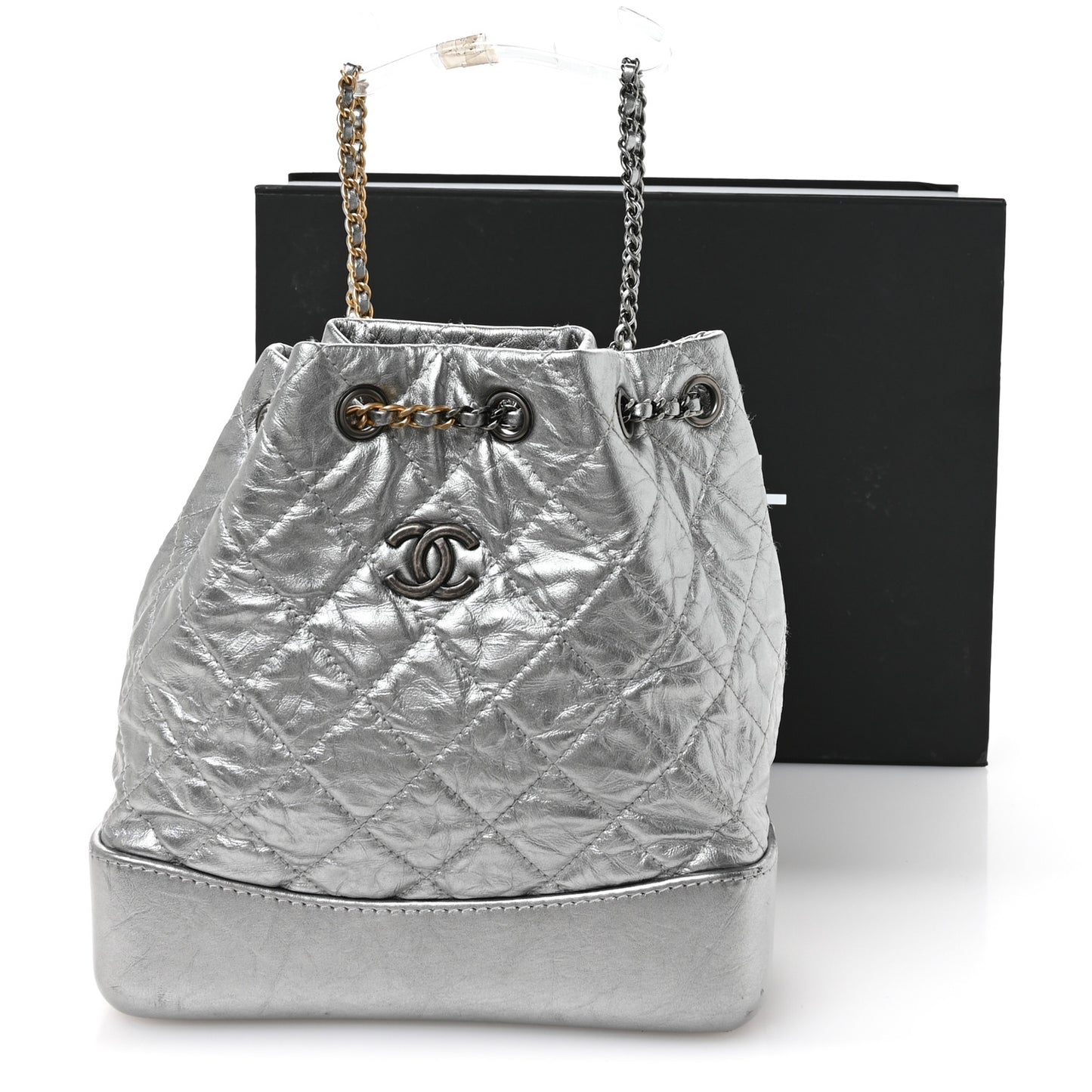 Metallic Crumpled Calfskin Quilted Small Gabrielle Backpack Silver