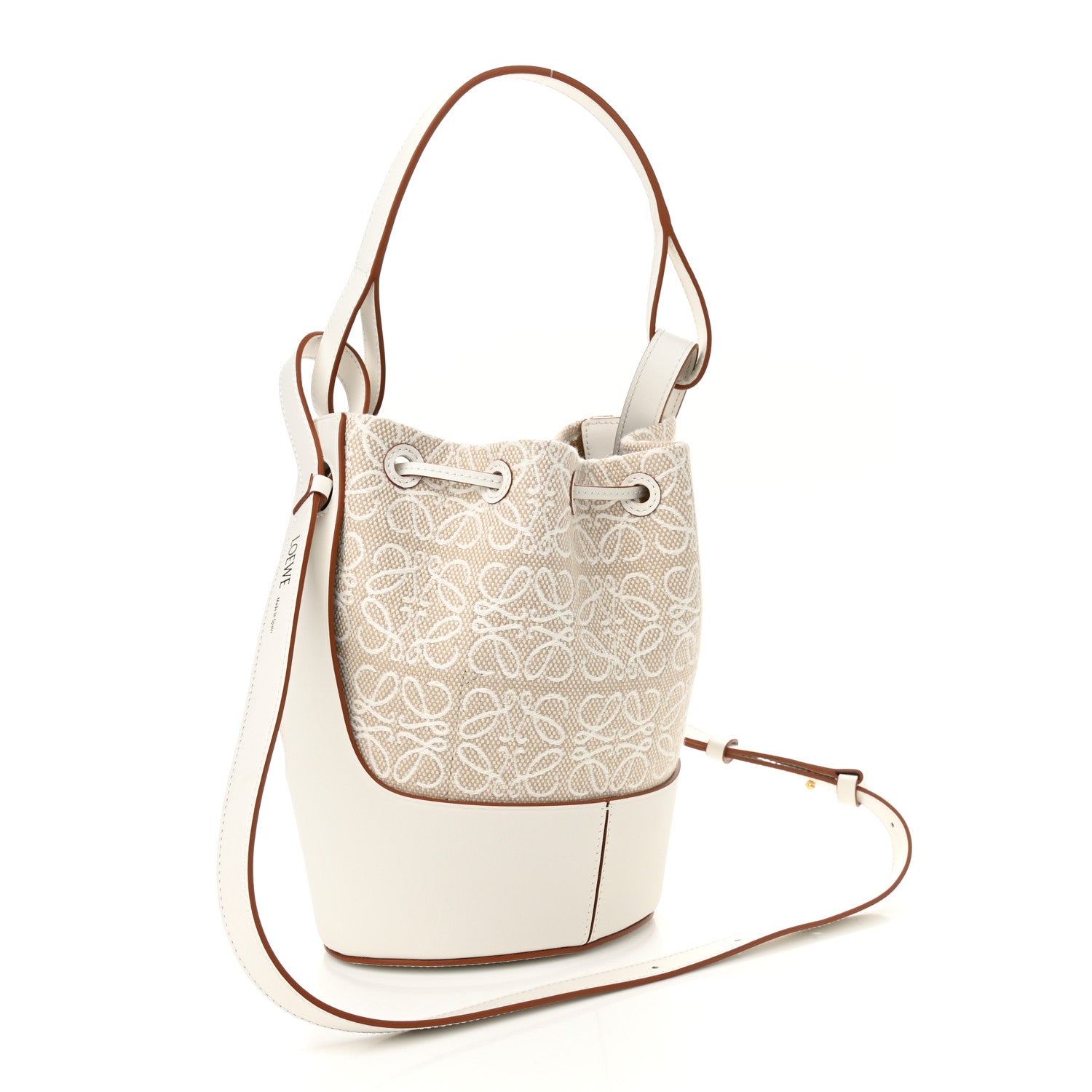 Loewe Calfskin Jacquard Linen Anagram Embroidered Small Balloon Bucket Bag Ecru White 3 of 8